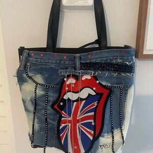 Denim Tote Bag with Union Jack and Lips Design